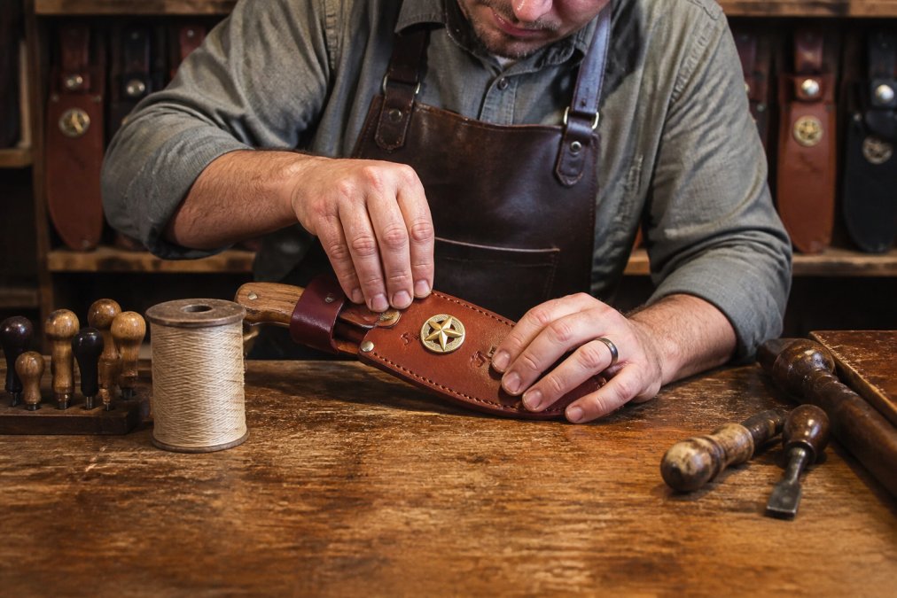 A craftsman's hands pressing and shaping a piece of vegetable-tanned leather around a knife form on a worn wooden workbench, with leather stamps, awls, and waxed thread visible in warm workshop lighting