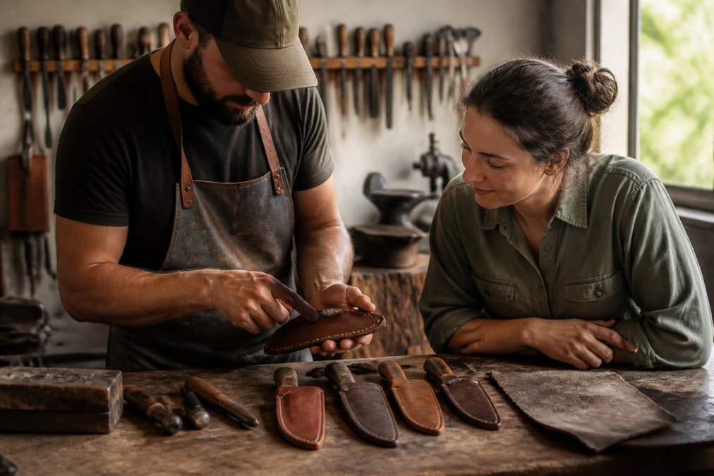 Close-up of handcrafted leather knife sheaths displayed on a rustic wooden workbench, natural window light highlighting the rich texture, saddle stitch detailing, and the beginnings of a patina on the vegetable-tanned leather