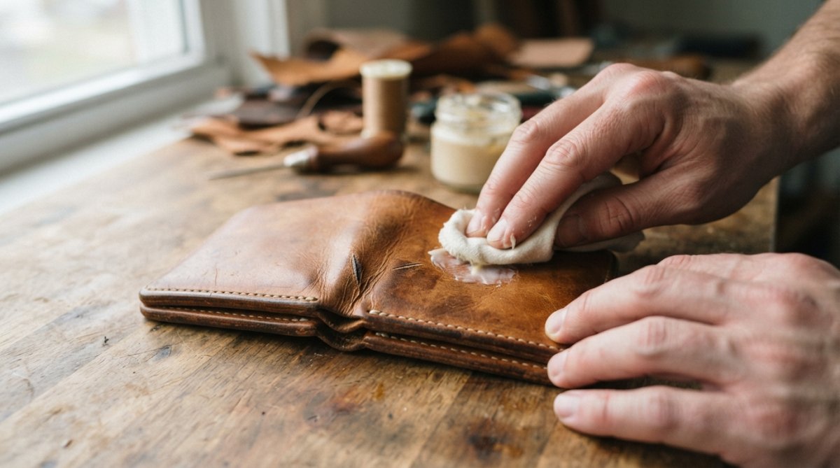 Close-up of hands applying leather conditioner to a rich tan vegetable-tanned wallet, showing the deep patina and texture developed through months of use, with natural daylight illuminating the grain