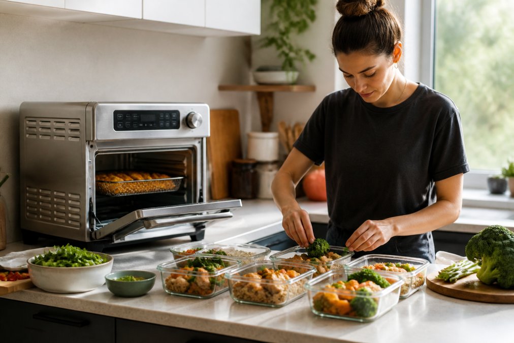 Busy professional preparing multiple meals in a modern kitchen, using an air fryer oven with fresh ingredients and meal prep containers on the counter, natural afternoon lighting