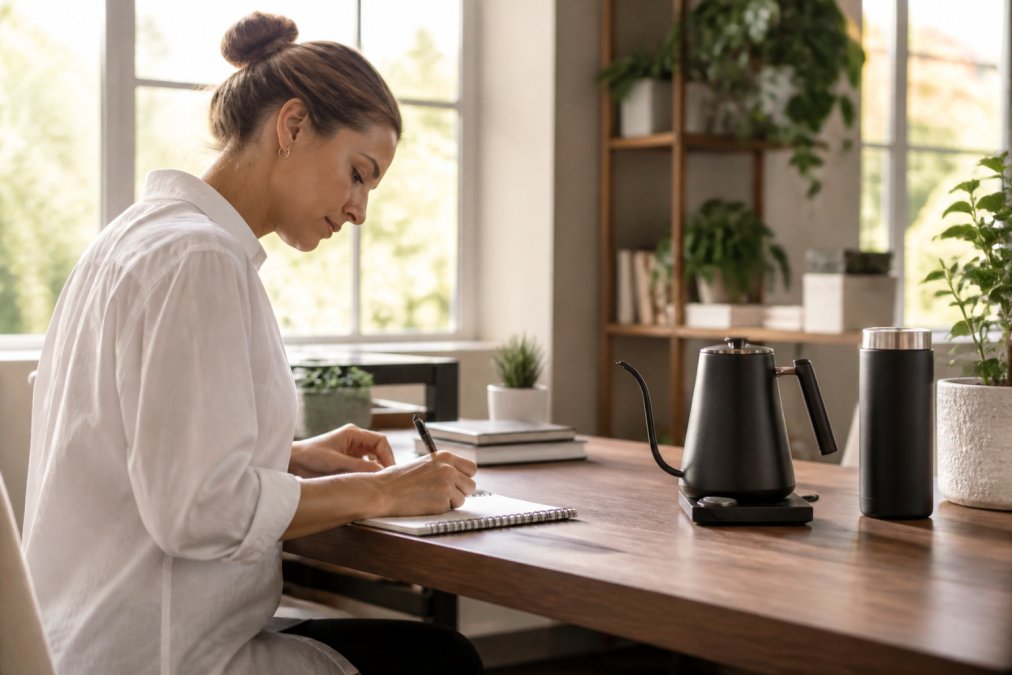 Professional at a modern desk with a gooseneck precision kettle, insulated tumbler nearby, organized workspace with minimal clutter, morning natural light streaming through window