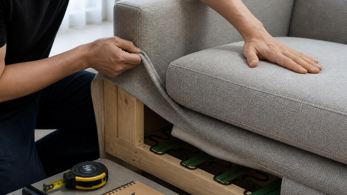 Hands inspecting the fabric texture, stitching, and cushion firmness of a sofa frame in natural daylight.