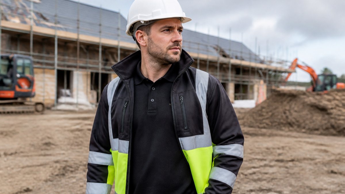 Construction worker wearing branded Pro RTX polo shirt and soft shell jacket with embroidered and printed logos on outdoor job site with tools and equipment visible