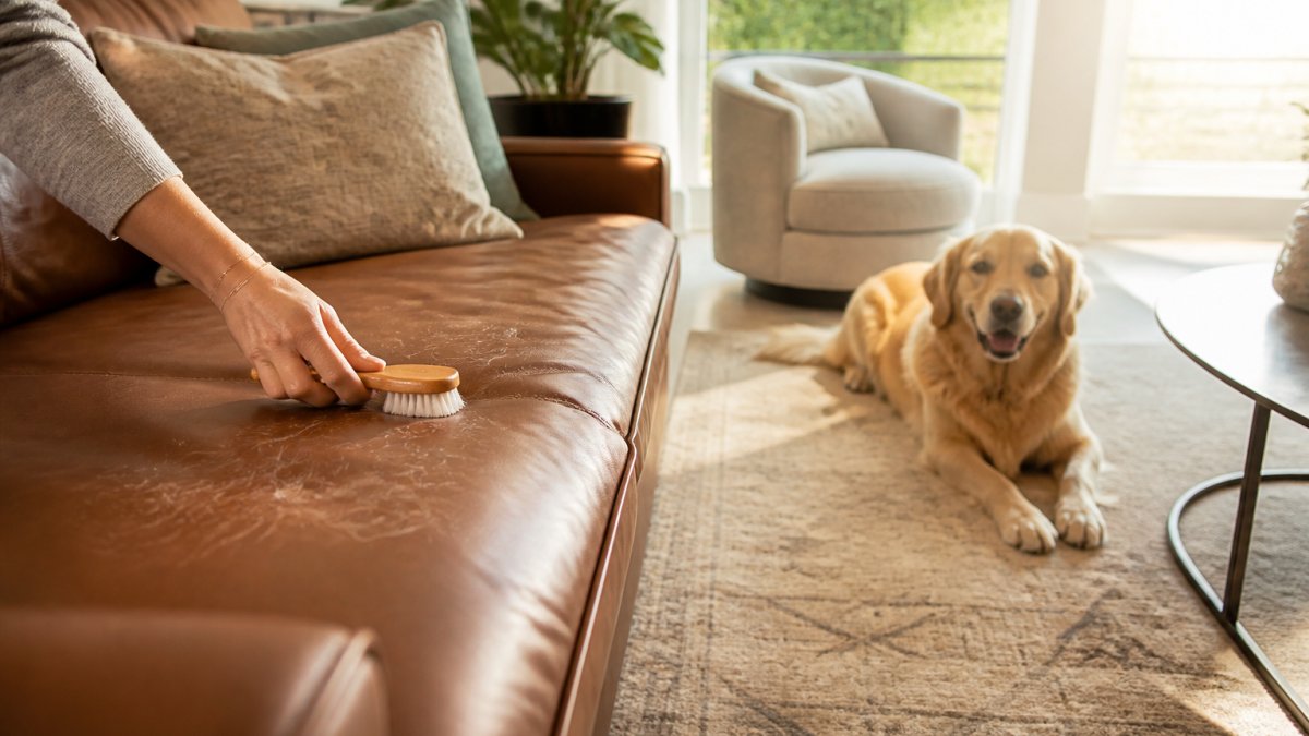 A close-up of a hand brushing pet hair off a rich cognac leather sofa cushion in a sunlit living room, with a golden retriever resting on a washable area rug nearby