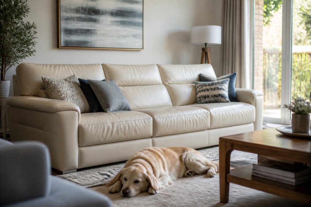 A bright family living room with a cream three-seater leather sofa, scattered with tasteful cushions, children's books on a lower wooden shelf, and a calm dog resting on a rug nearby, showing a lived-in yet elegant space