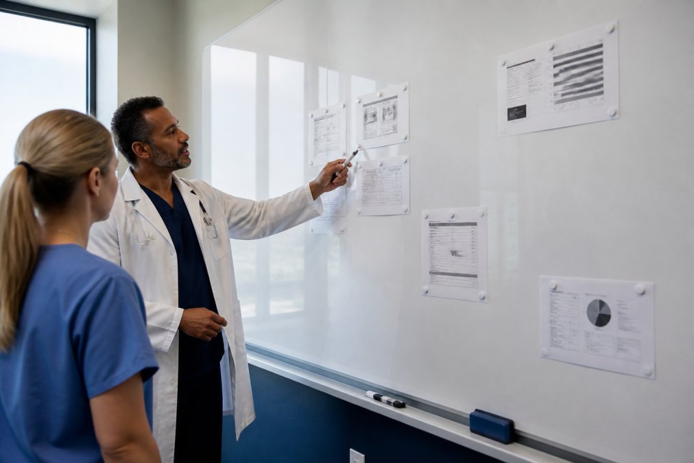 Professional demonstrating durable magnetic whiteboard wall solutions technique in modern clinical setting with natural lighting