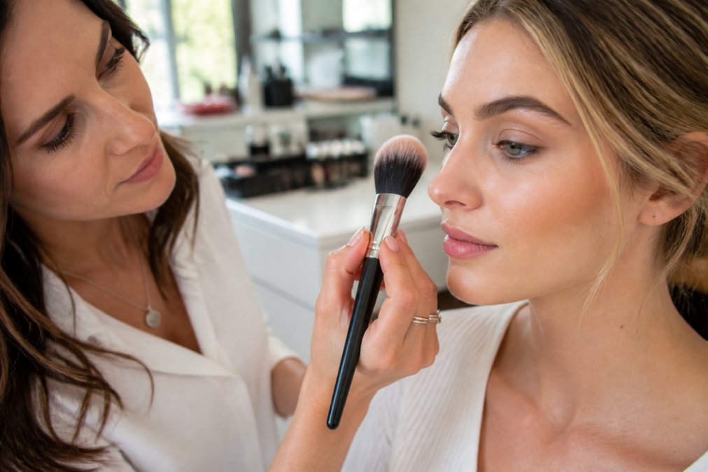 Professional demonstrating makeup brush application technique with close-up of soft bristles and metal ferrule showing craftsmanship detail in natural studio lighting