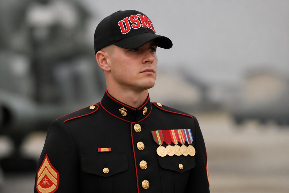 Marine in dress uniform wearing embroidered USMC cap, showcasing how durable marine corps apparel looks when worn with pride and proper fit