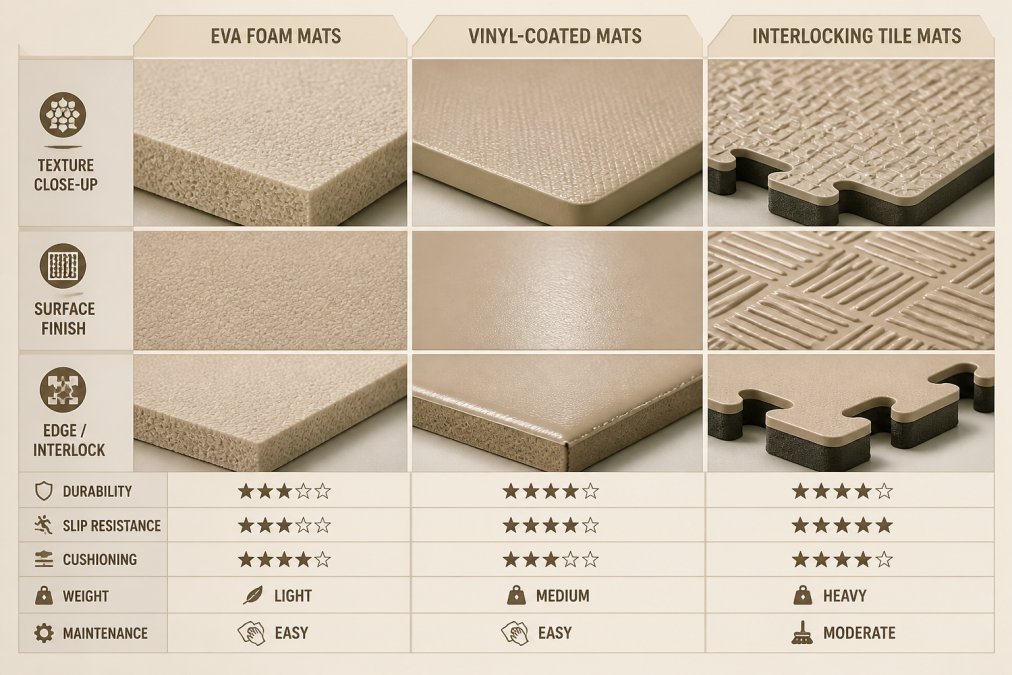 Close-up of different martial arts mat textures and surfaces displayed side-by-side showing EVA foam grain, vinyl-coated surface finish, and interlocking tile edges with varying grip patterns and material composition