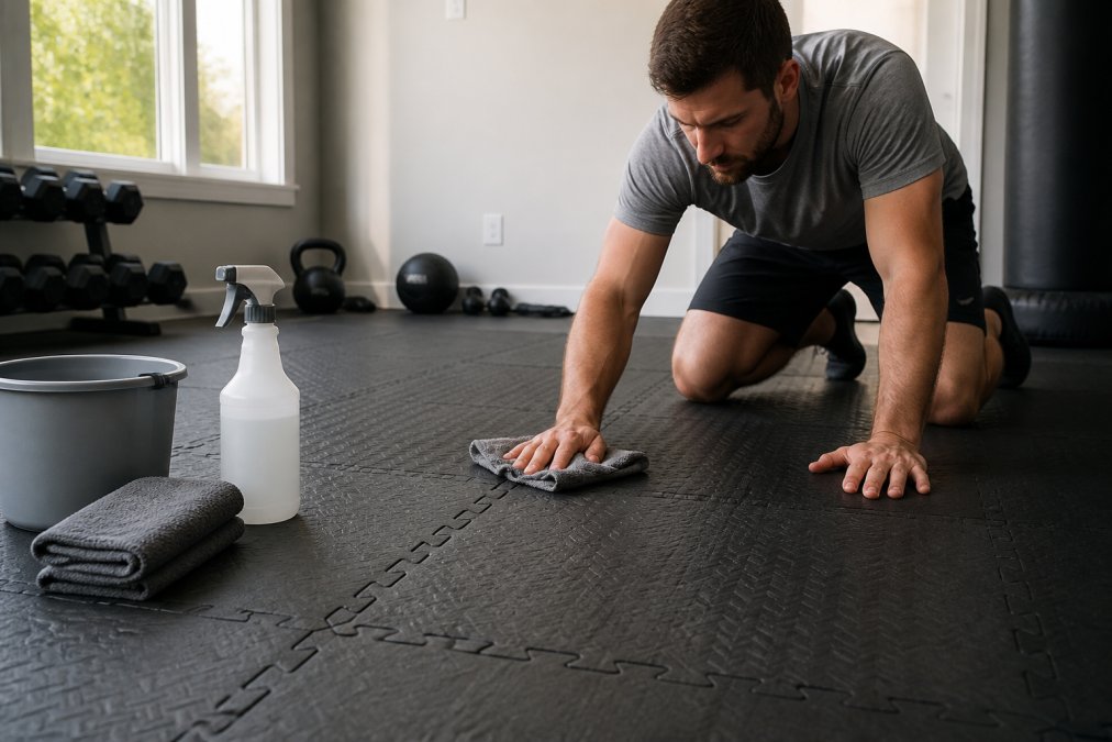 Person cleaning a martial arts training mat with a microfiber cloth and sanitizing solution, demonstrating proper maintenance technique on an interlocking mat surface in a home gym space with natural light