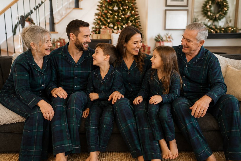 Multi-generational family wearing coordinated matching pajamas on Christmas morning, sitting together on a couch with genuine smiles and relaxed posture, showing comfort and durability in action