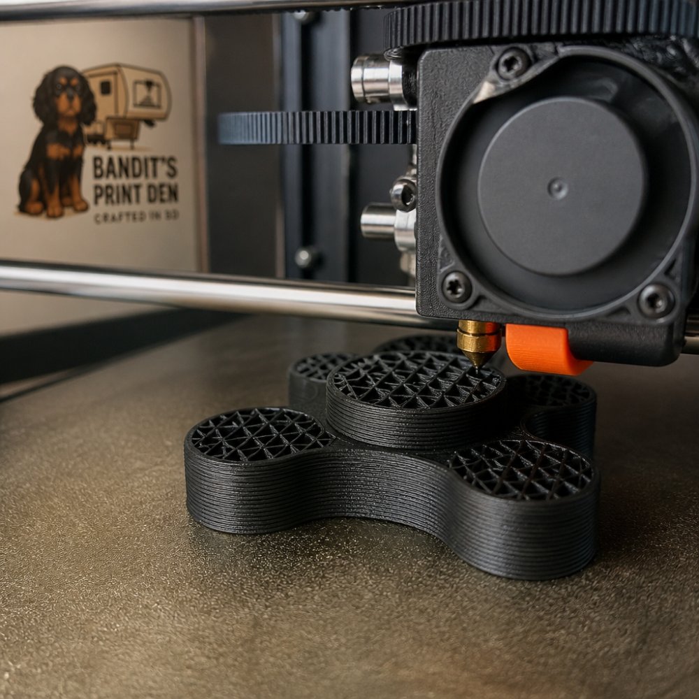 Close-up of a 3D printer nozzle depositing layers of filament onto a print bed, showing the gradual buildup of a textured fidget toy with visible layer lines and infill structure