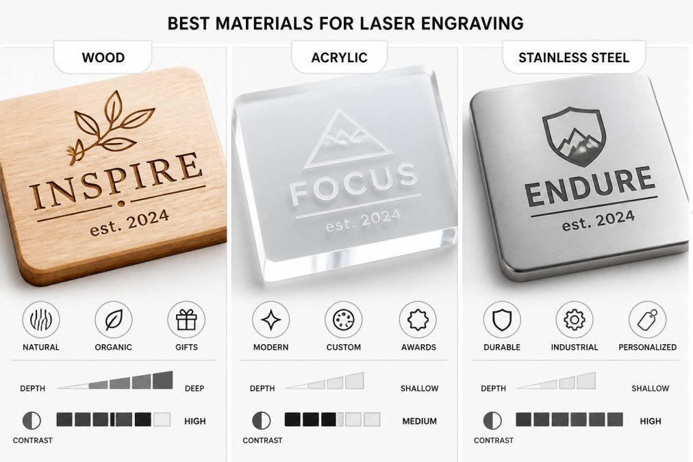 Close-up of engraved wood, acrylic, and stainless steel samples arranged side by side, showing contrast and clarity of engraved text on each material surface under bright studio lighting