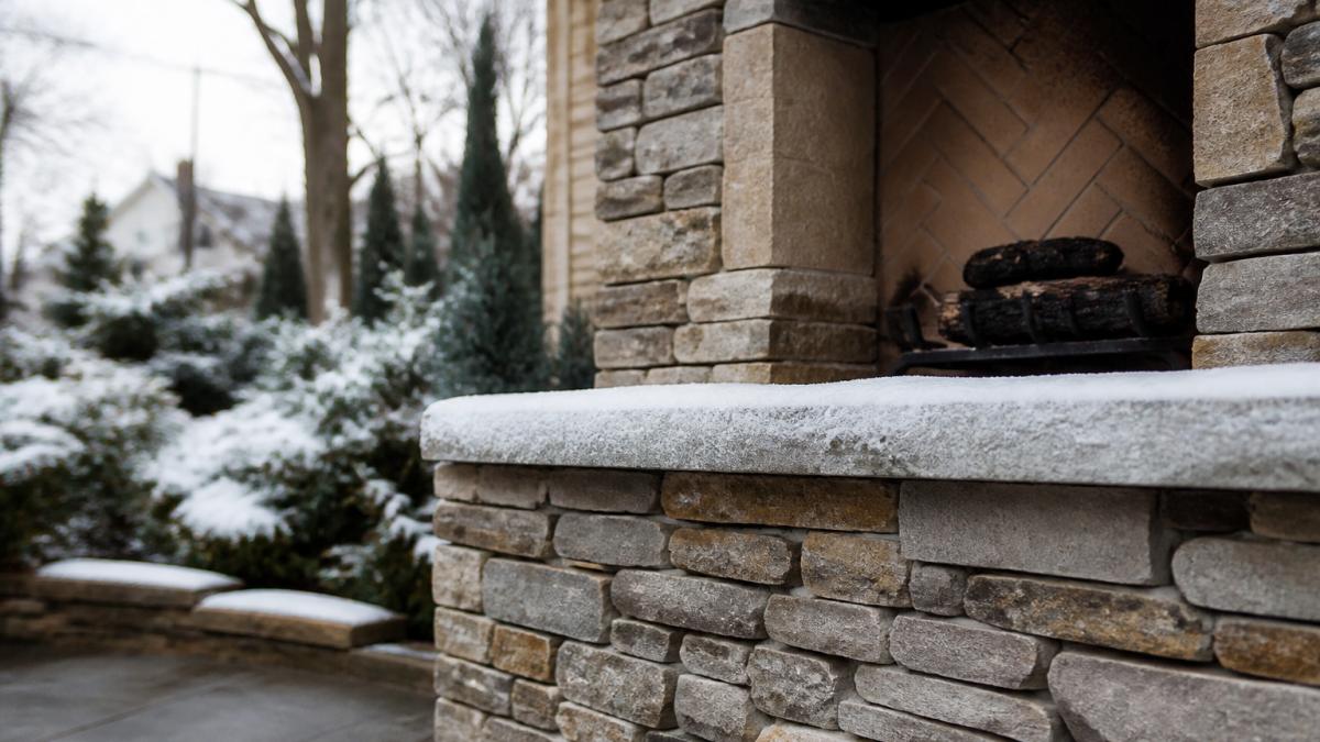 Close-up of a natural stone outdoor fireplace in a suburban backyard after a light snow, showing stone joints and a dry stacked base with winter landscaping in the background