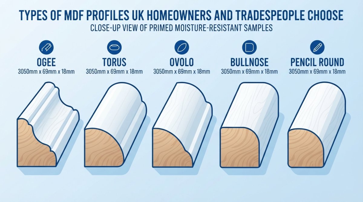 Close-up overhead view of five different MDF profile samples laid out in a row, showing the distinct curved and rounded edges of each style, Ogee with its S-curve, Torus with full roundness, Ovolo with gentle curve, Bullnose with flat face and rounded top, and Pencil Round with subtle roundover, all displaying natural wood grain and primed white finish