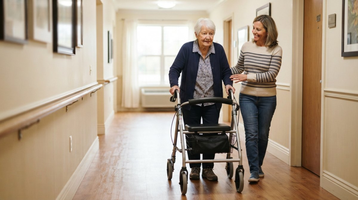 Senior using a 4-wheel rollator walker in a bright home hallway with a family member nearby offering support and encouragement