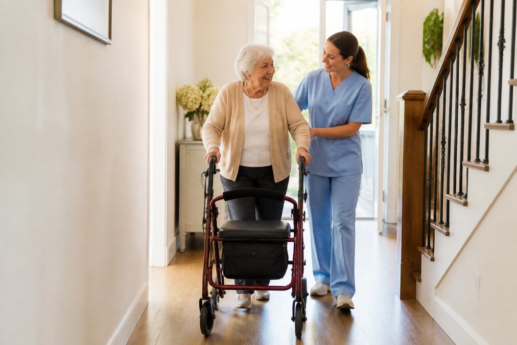 Senior woman using a lightweight four-wheel rollator in a bright home hallway with a supportive caregiver nearby