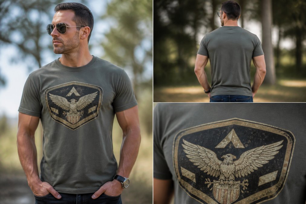 A man with an athletic build wearing a vintage eagle military patch graphic tee, standing outdoors in natural light, showing the fabric texture and print detail