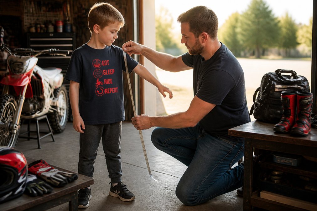 A parent kneeling beside a young child in casual motocross-themed clothing, measuring the child's arm length with a soft tape measure in a garage setting with a small dirt bike visible in the background, warm afternoon light through the open garage door