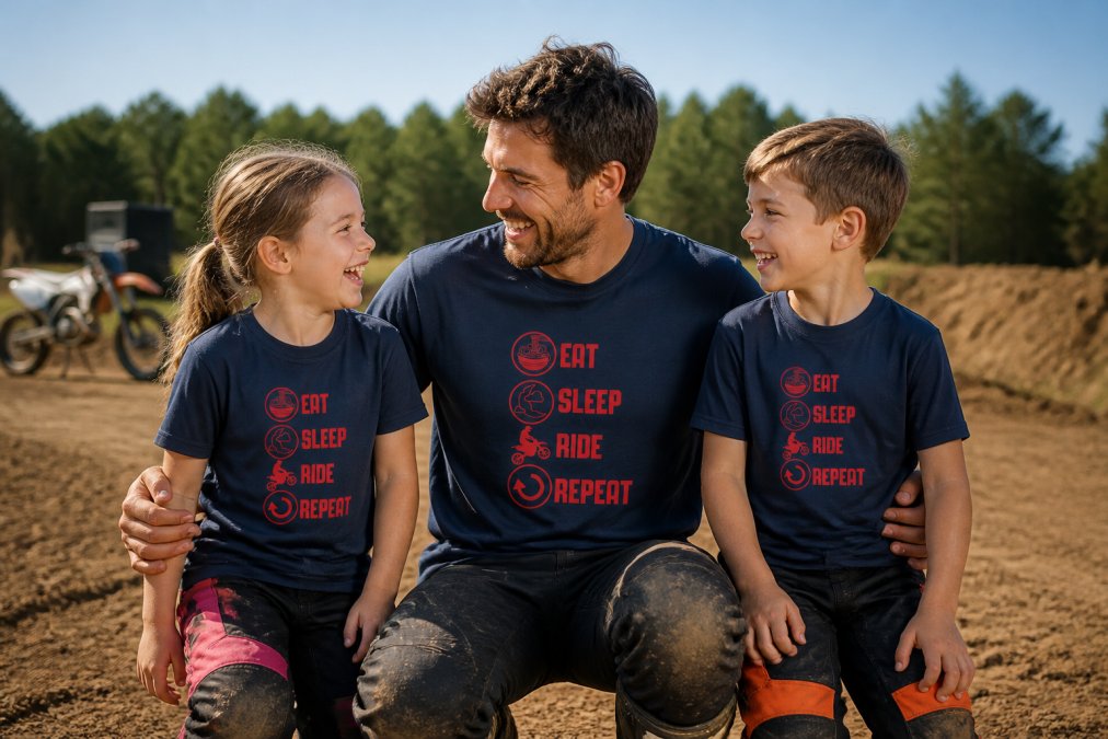A father and two young children wearing matching motocross-themed t-shirts and hoodies, smiling together outdoors near a dirt track on a sunny afternoon, the children laughing as the father crouches between them