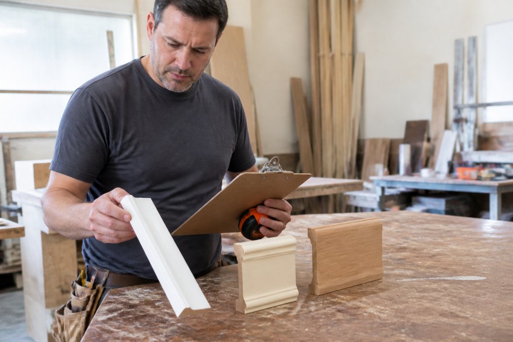 A contractor in a bright workshop comparing samples of PVC trim, polyurethane moulding, and hardwood baseboard, holding a tape measure and clipboard