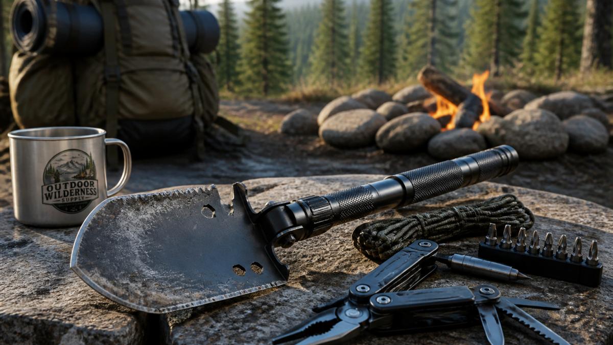 A weathered folding shovel multi-tool lying open on a flat rock beside a fire ring at a wilderness campsite, pine forest and packed backpack blurred in the background, morning light
