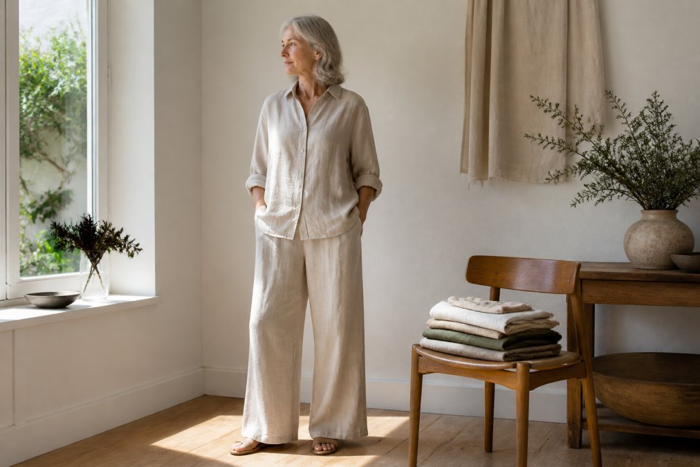 Woman in her fifties wearing a relaxed organic natural fiber clothing outfit in a sunlit room with linen decor