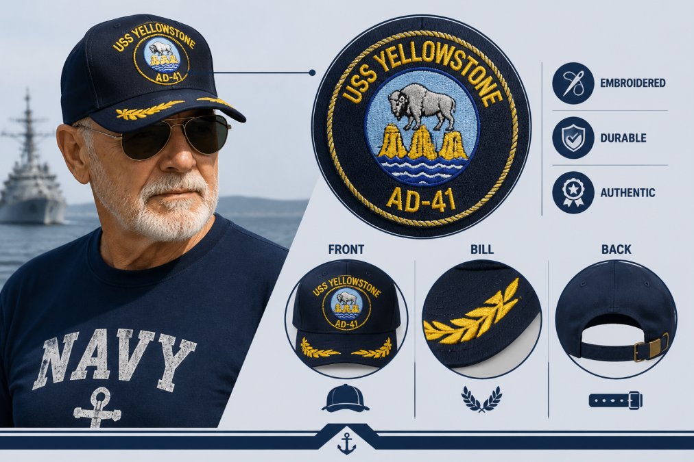 Navy veteran wearing an embroidered ship crest cap outdoors, showing the detailed insignia clearly visible on the bill with authentic embroidery stitching in sharp focus