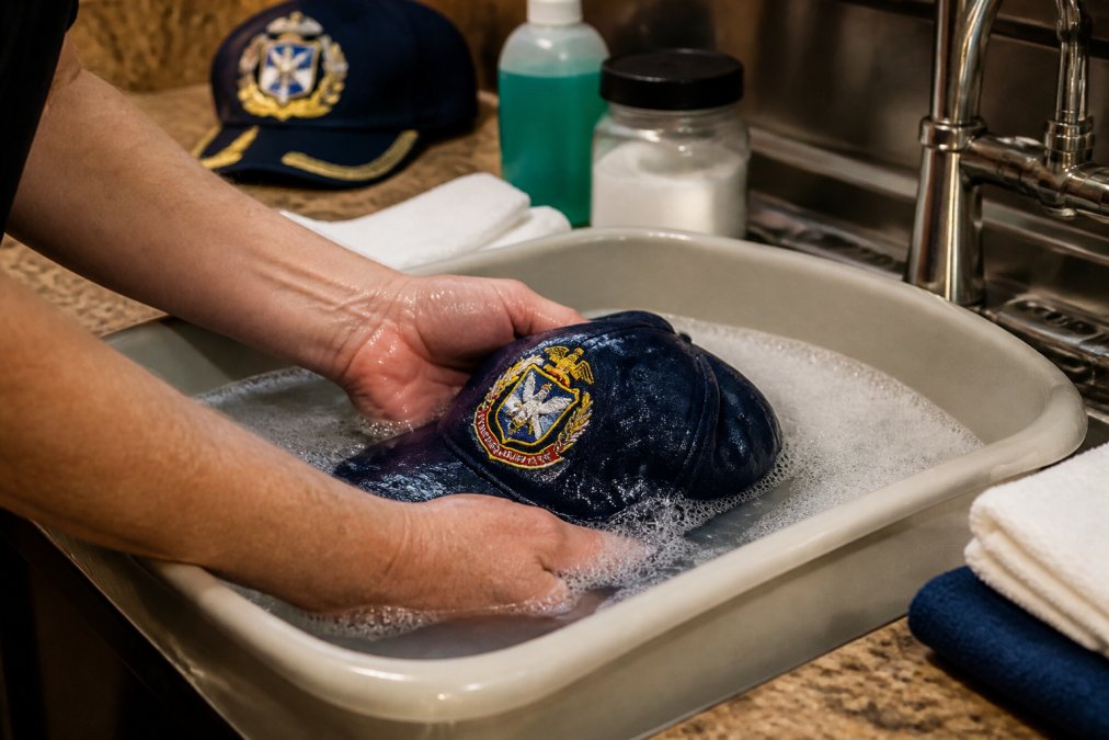 Hands gently washing a Navy ship crest apparel item in cool water with mild detergent, demonstrating proper care technique with the embroidered insignia clearly visible