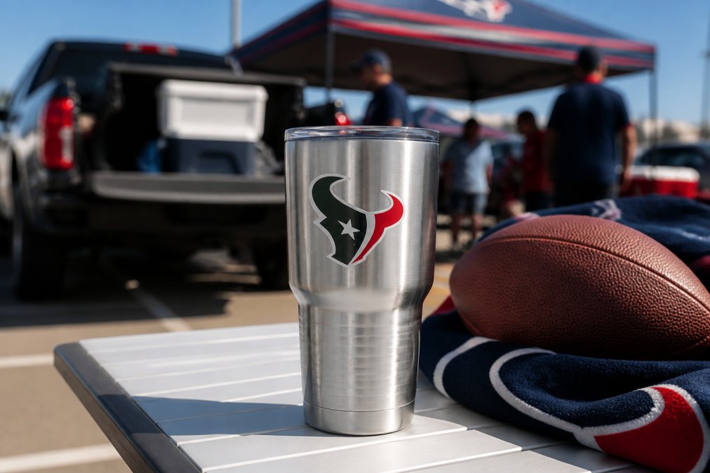 Infographic illustrating how durable NFL drinkware uses vacuum insulation to keep beverages cold at tailgate parties.