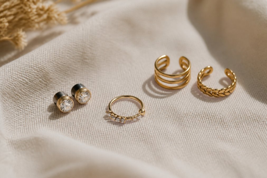 A flat lay of assorted non-piercing jewelry pieces on a soft linen cloth, including magnetic stud earrings, a clip-on nose hoop, and ear clips, styled with natural window lighting