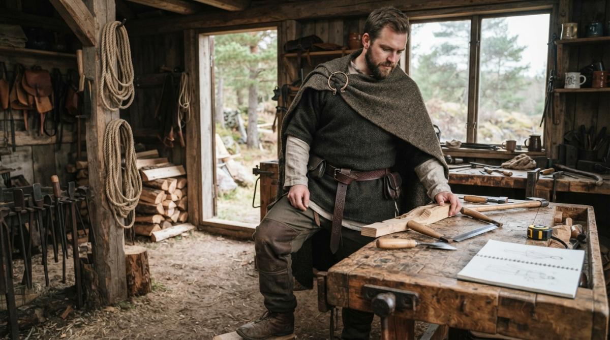 Person wearing layered wool tunic, linen undergarment, and sturdy trousers in a modern home setting, demonstrating how Viking Age pieces integrate into contemporary everyday life with natural window lighting