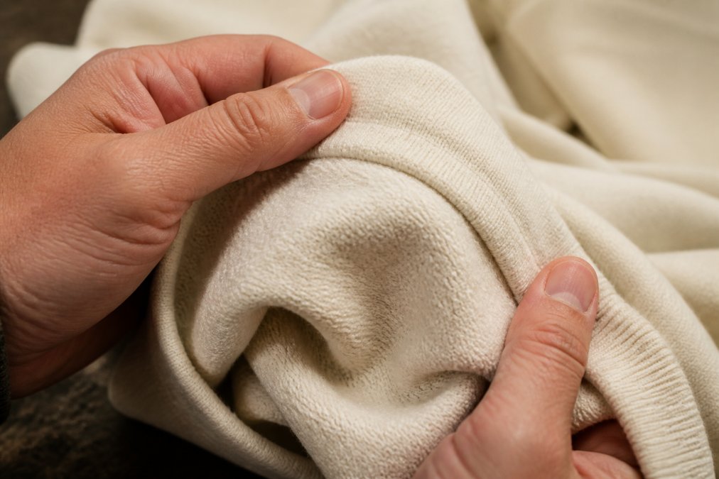 Close-up of hands touching organic cotton hoodie fabric, showing the heavier knit weave with visible texture and thickness, natural daylight illuminating the material quality