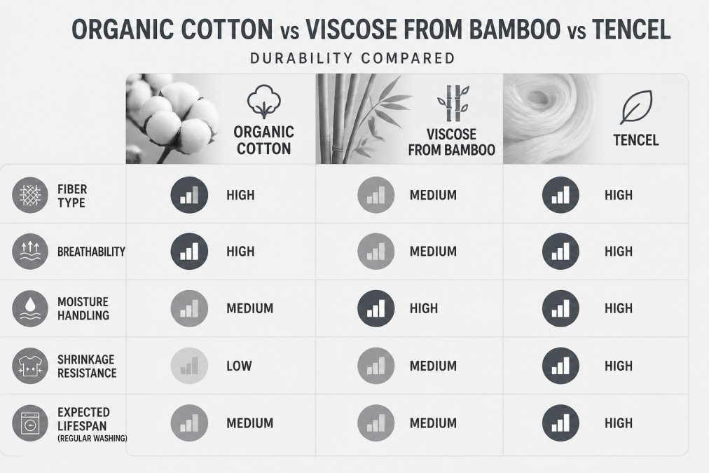 Comparison chart evaluating durability, breathability, and moisture handling for organic cotton, bamboo, and Tencel.