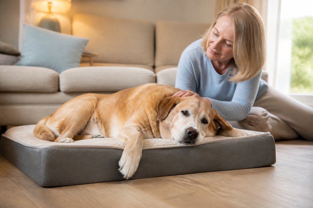 A large senior dog lying comfortably on a thick orthopedic bed in a bright living room, with a person gently petting its head