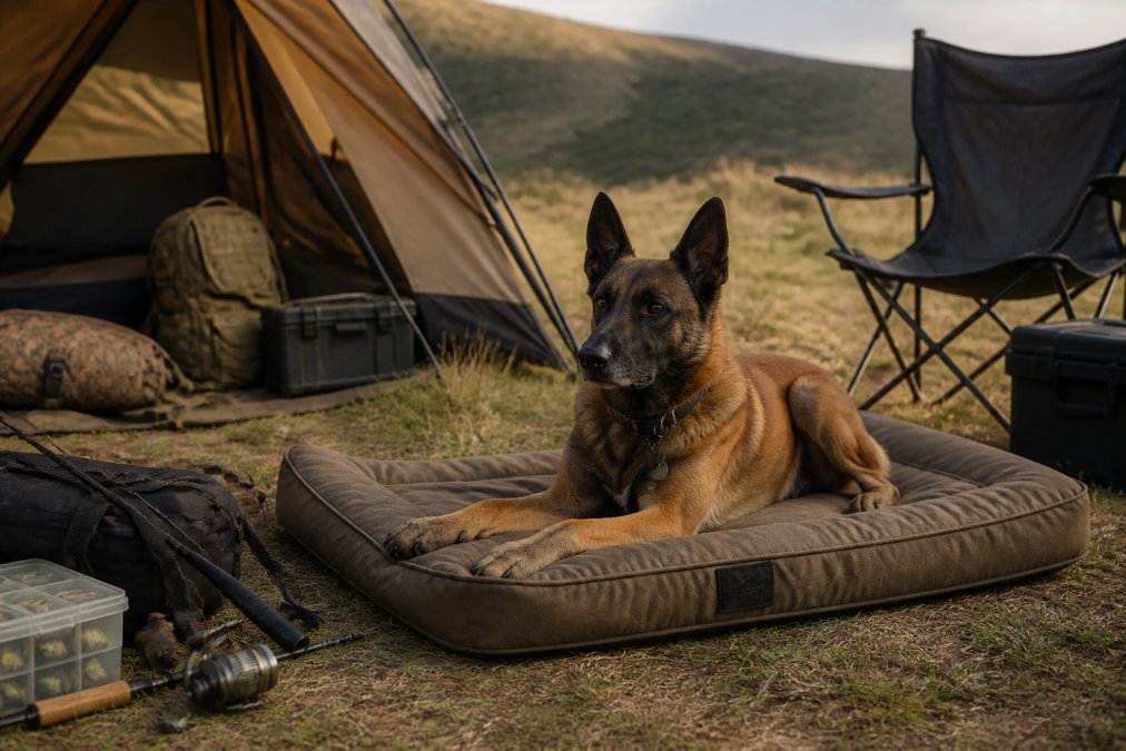 Professional illustration showing durable orthopedic dog beds for camping