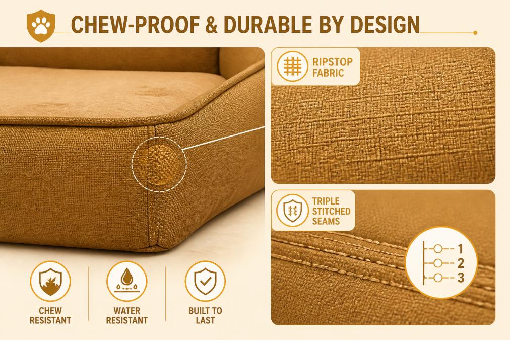 Close-up of reinforced ripstop fabric texture and triple-stitched seams on a dog bed, showing the tight weave and durable construction details under natural lighting