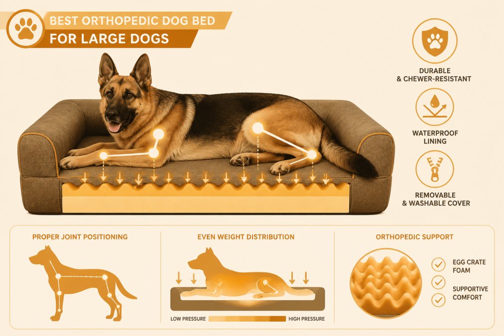 Large breed dog (German Shepherd or Labrador) resting comfortably on an orthopedic bed with visible bolster support, showing proper joint positioning and weight distribution on the foam
