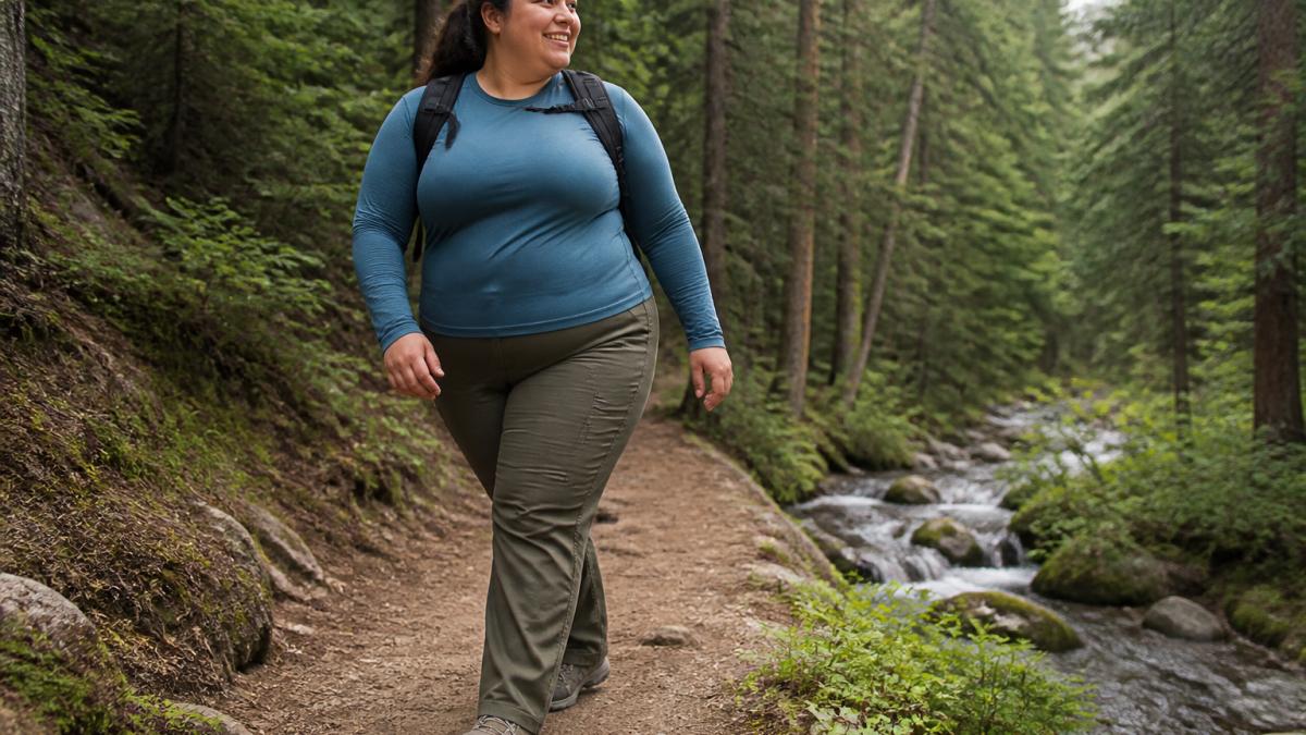 Woman wearing durable plus-size hiking pants and moisture-wicking top on a forest trail, demonstrating comfortable fit and freedom of movement during outdoor activity