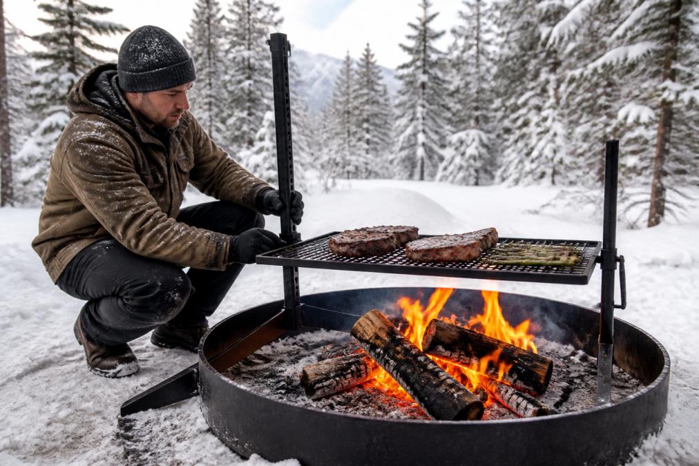 Person in winter gear adjusting a durable carbon steel campfire grill over a snowy, roaring fire pit.