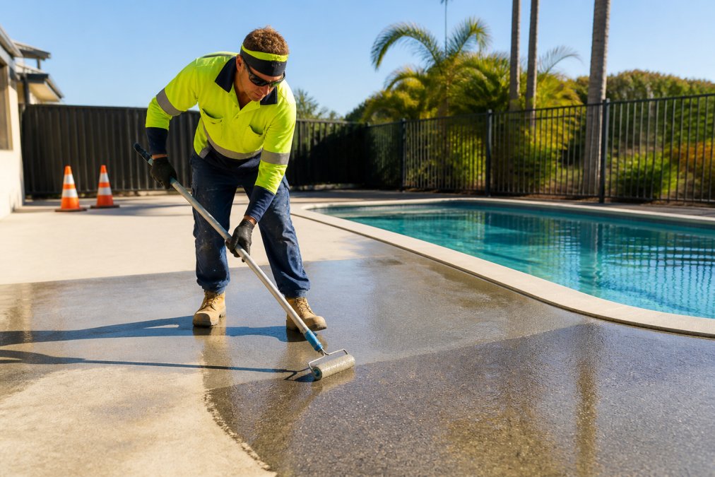 A tradesperson in high-visibility work gear applying a clear non-slip coating to a wet-area concrete pool surround, with application roller in hand and a residential pool visible in the background under bright afternoon sunlight