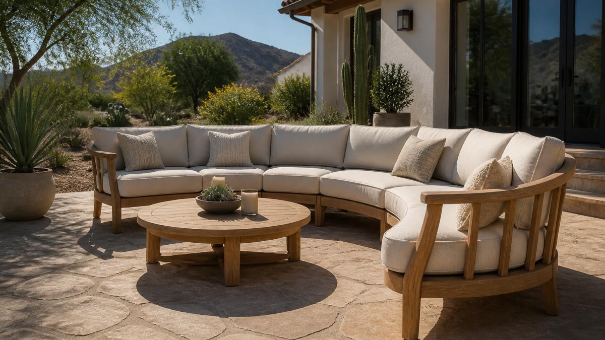 Diagram comparing heat resistance and durability ratings of common patio furniture materials for sunny climates