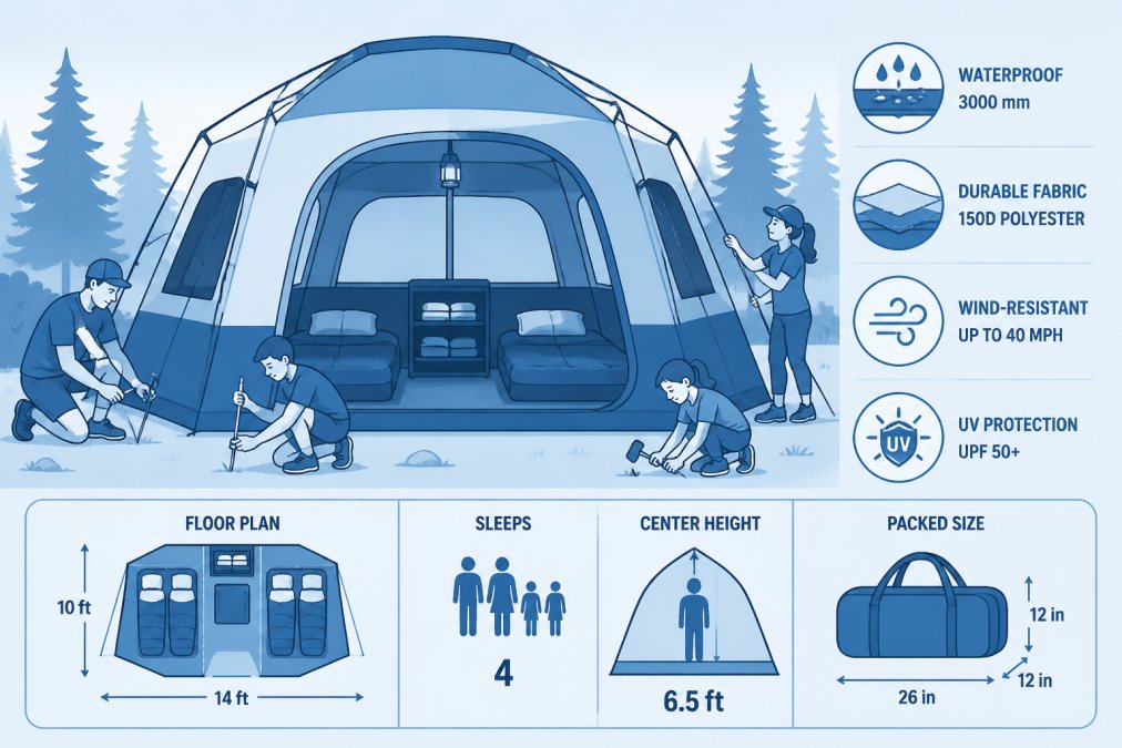 Family of four setting up a large durable camping tent in a natural outdoor setting with trees and grass visible in background, showing the tent's spacious interior and weather-resistant fabric construction