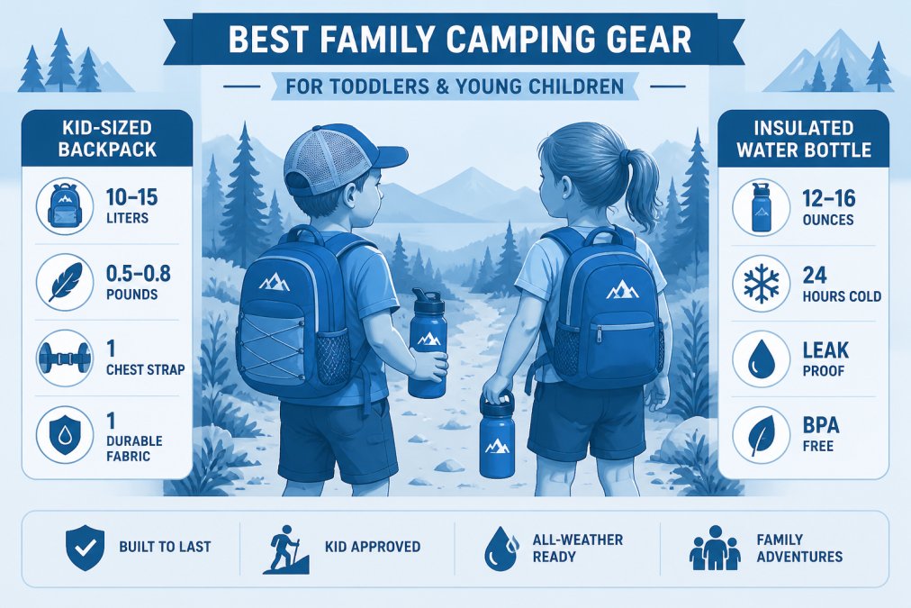 Young children wearing colorful durable backpacks and holding insulated water bottles while standing on a hiking trail with forest background, showing kid-sized gear in active outdoor use