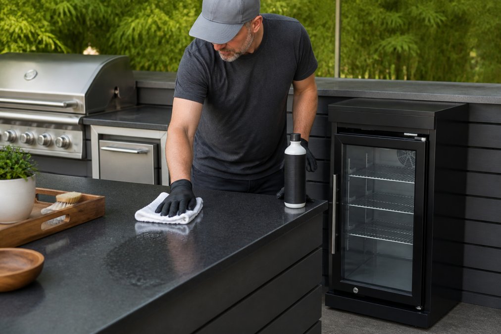 Homeowner cleaning and sealing outdoor kitchen countertop with protective products, demonstrating hands-on maintenance care in natural outdoor lighting