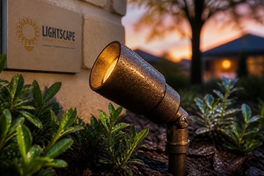 Solid brass outdoor lighting fixtures with rain droplets in a garden at dusk