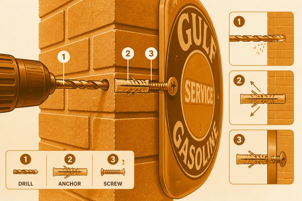 Close-up of a drill bit penetrating brick wall with masonry anchor visible, showing proper installation technique for outdoor metal sign mounting with natural sunlight highlighting the detail