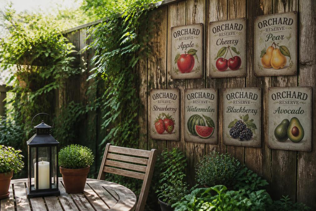 A rustic patio with vintage-style metal orchard signs mounted on weathered wood fencing, showing real-world installation in a garden setting with natural morning light filtering through climbing vines