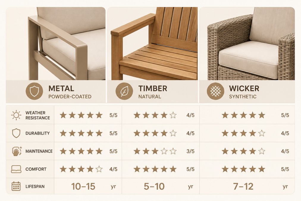 Close-up of three outdoor furniture pieces side-by-side in natural daylight showing different material finishes: powder-coated metal frame with smooth finish, natural timber slats with visible grain, and synthetic wicker weave texture
