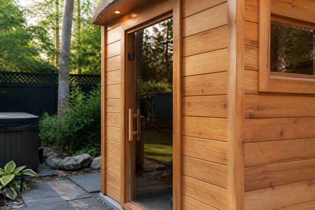 A close-up photograph of a cedar-clad outdoor sauna exterior with visible wood grain, warm natural finish, and a glass door reflecting a backyard setting